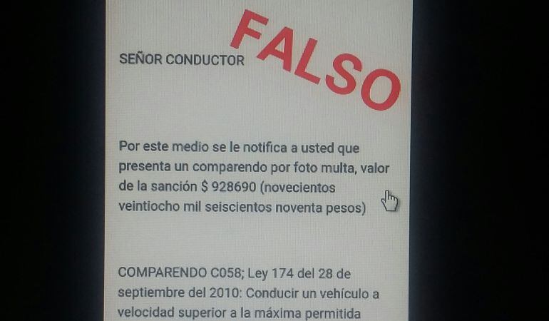 Mensaje de falso cobro de fotomulta en Manizales