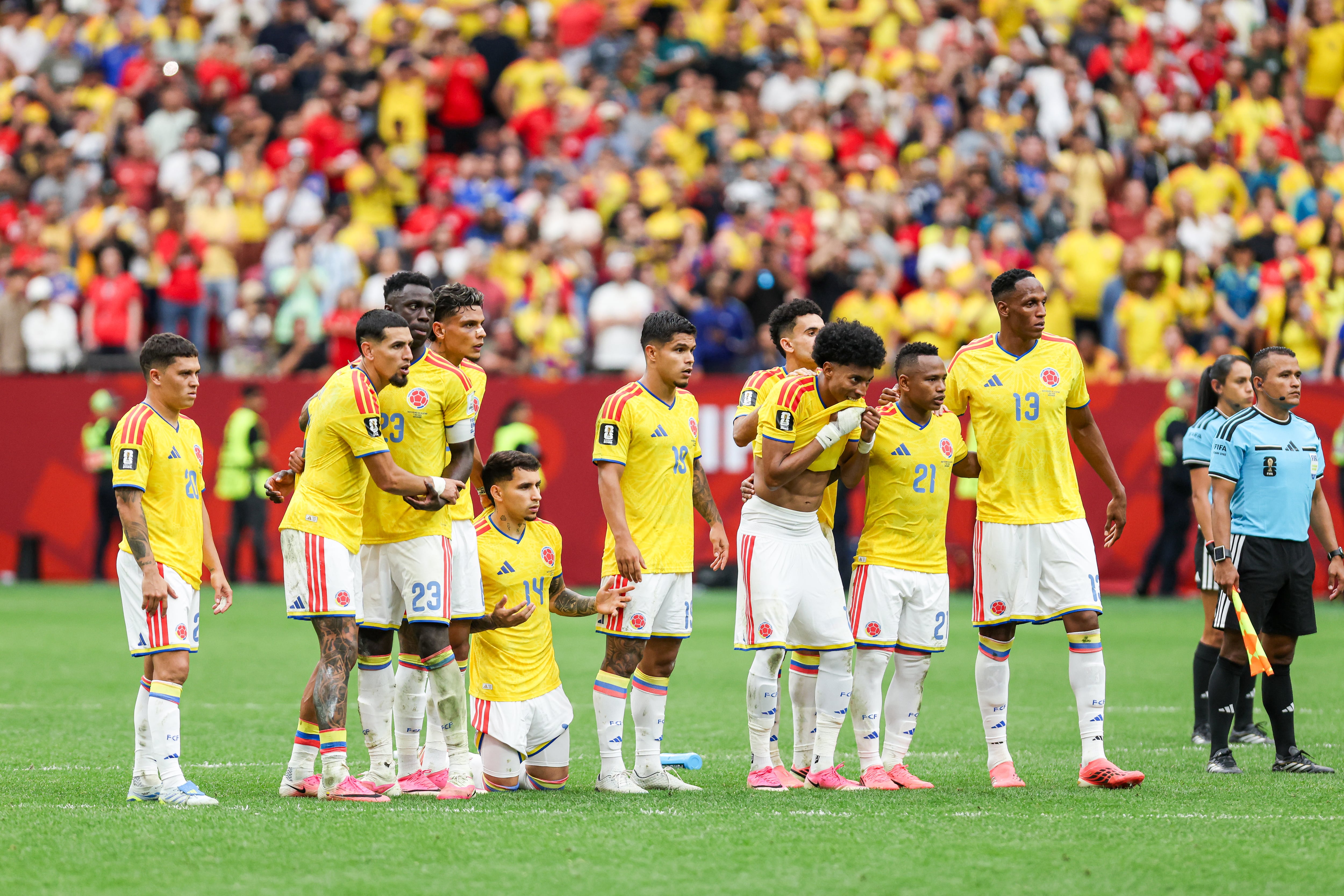 Colombia team members watch their teammate during a penalty shootout in the FIFA World Cup 2026 round of 16 match between Switzerland and Colombia at BC Place Stadium in Vancouver, British Columbia, Canada, on July 7, 2026. (Photo by Indrawan Kumala/NurPhoto via Getty Images)