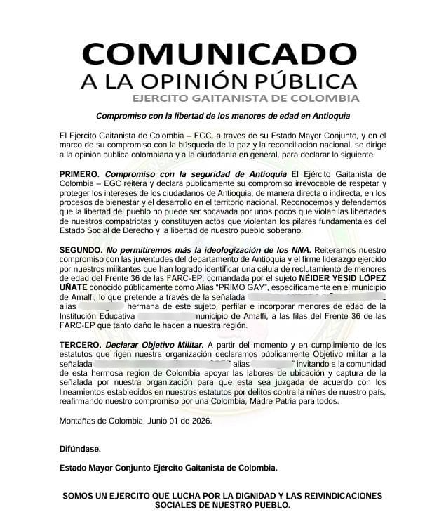 Panfleto del Clan del Golfo amanazando la hermana de alias Primo Gay