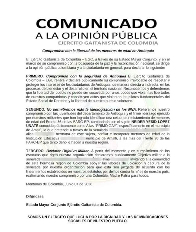 Panfleto del Clan del Golfo amanazando la hermana de alias Primo Gay