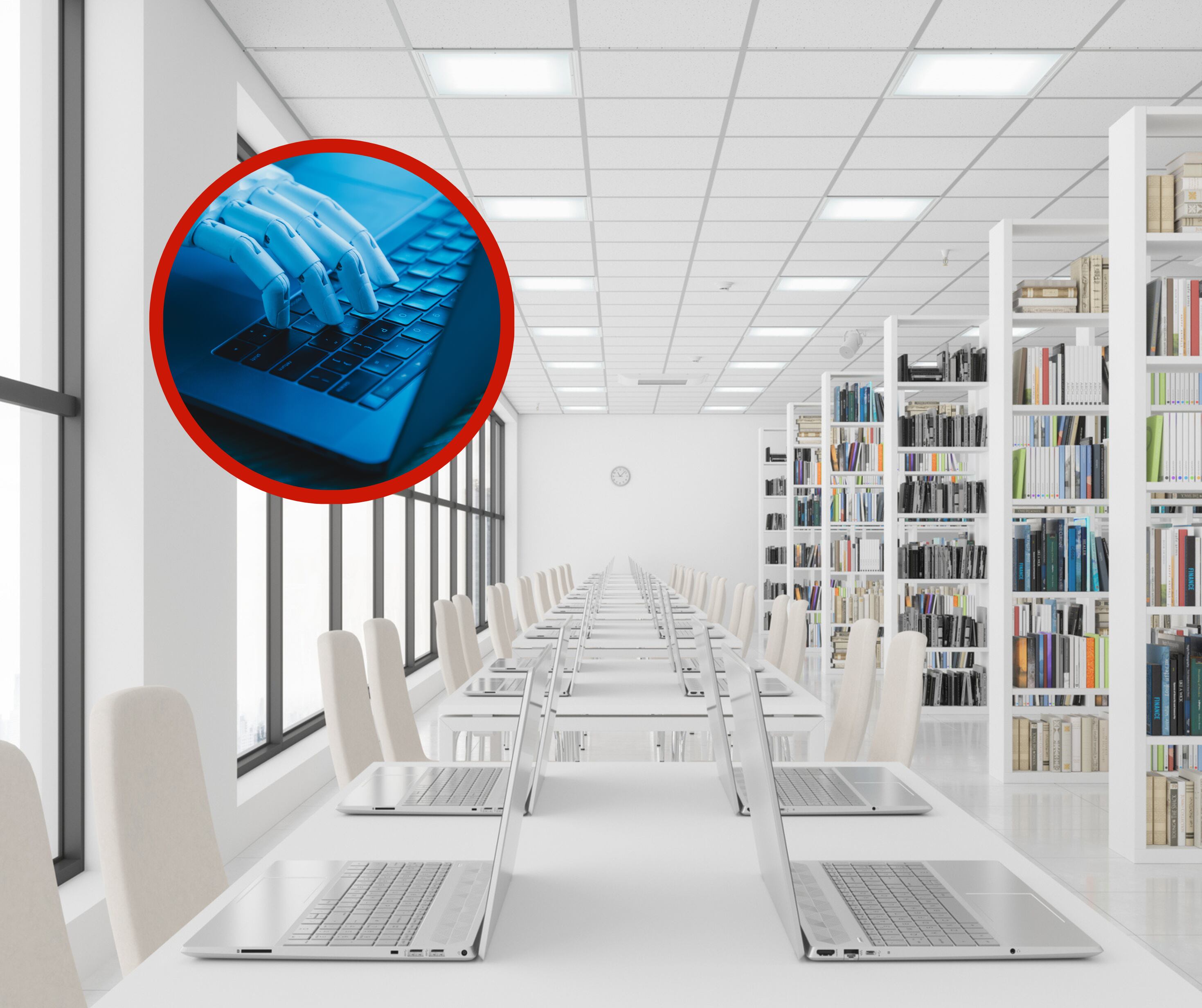 Biblioteca universitaria junto a la imagen de un robot oprimiendo una tecla (Getty Images)
