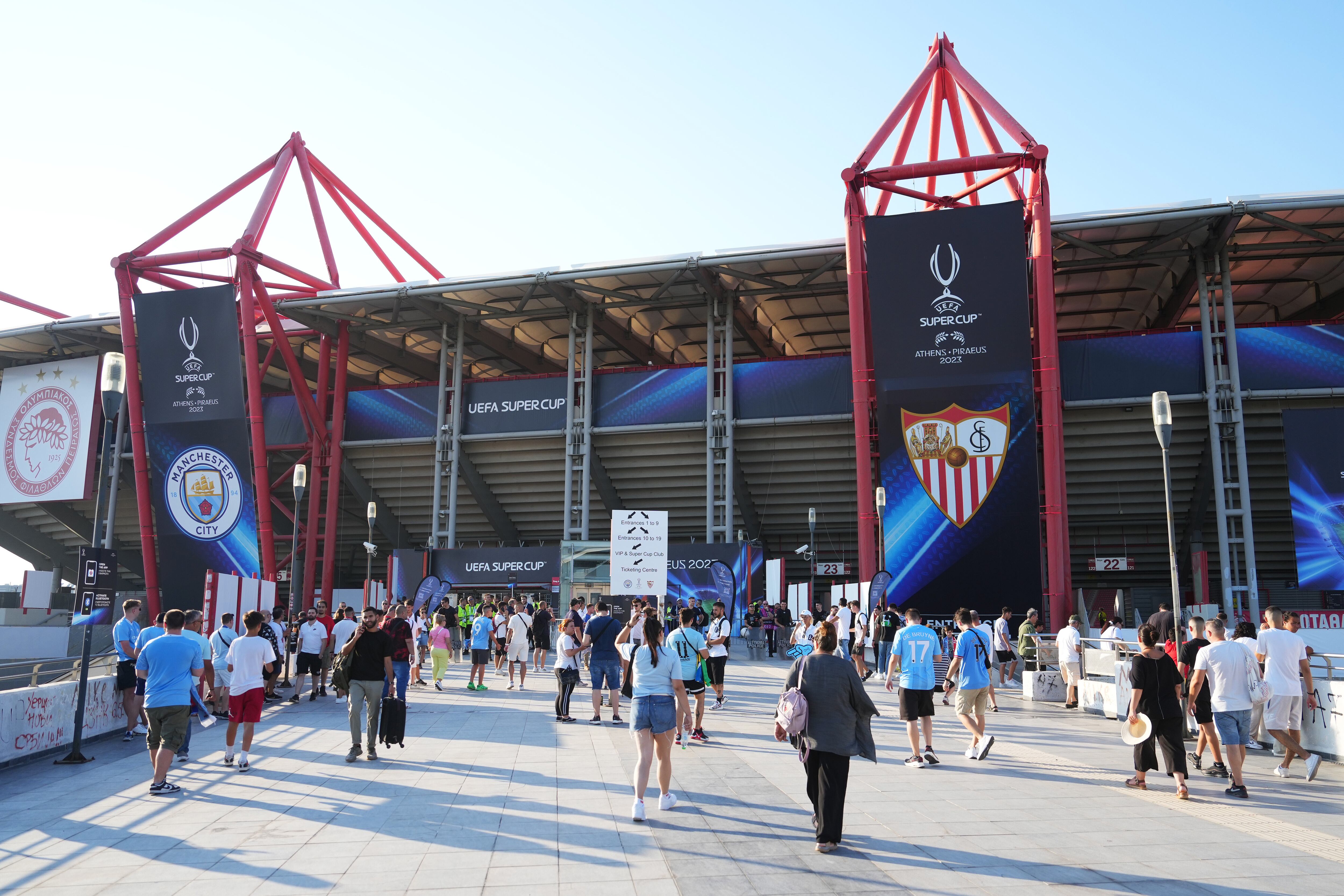 PIRAEUS, GREECE - AUGUST 16: Fans arrive at the stadium prior to the UEFA Super Cup 2023 match between Manchester City FC and Sevilla FC at Karaiskakis Stadium on August 16, 2023 in Piraeus, Greece. (Photo by Angel Martinez - UEFA/UEFA via Getty Images)