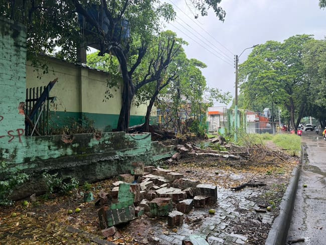 Operarios instalan cerramiento provisional en la sede Lucio Andrade de la I.E. Reynaldo Matiz, tras la caída de un tramo de tapia.