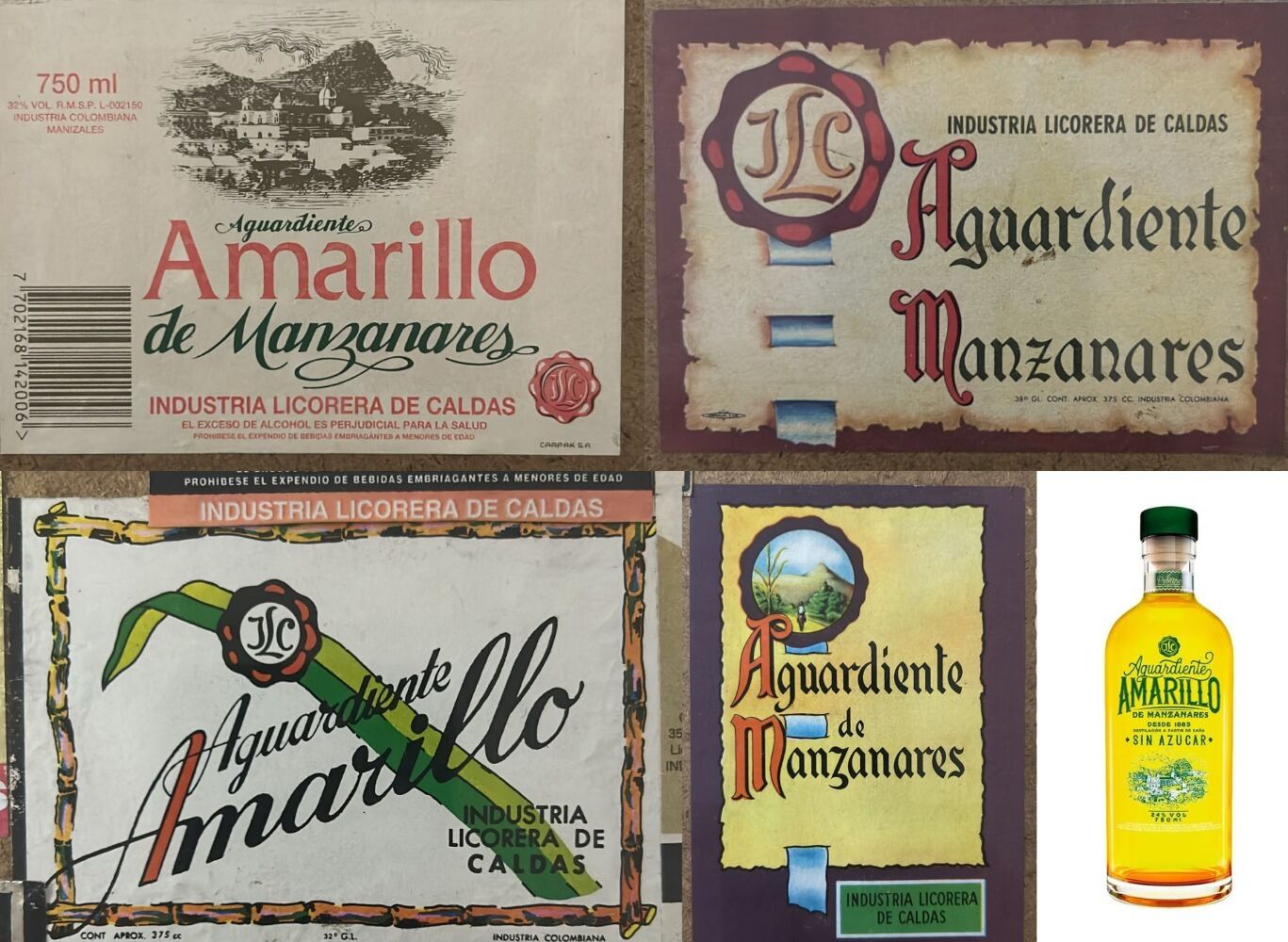 Imágenes de las etiquetas del Aguardiente Amarillo de la Industria Licorera de Caldas