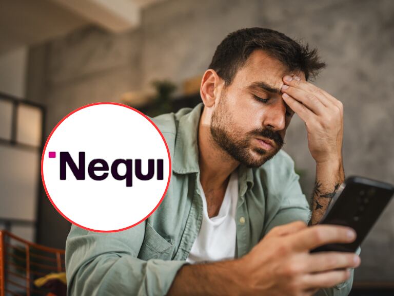 Persona estresada con su celular / Logo de Nequi / Nequi está caído: ¿qué servicios de la aplicación están sin servicio?