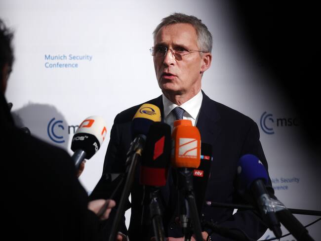 MUNICH, GERMANY - FEBRUARY 17: Jens Stoltenberg, secretary general of NATO, talks to the media at the 2023 Munich Security Conference (MSC) on February 17, 2023 in Munich, Germany. The Munich Security Conference brings together defence leaders and stakeholders from around the world and is taking place February 17-19. Russia&#039;s ongoing war in Ukraine is dominating the agenda. (Photo by Johannes Simon/Getty Images)