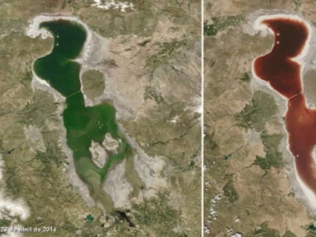 El gigantesco lago que de repente pasó de ser color verde esmeralda a teñirse de rojo sangre (y que se ve desde el espacio)