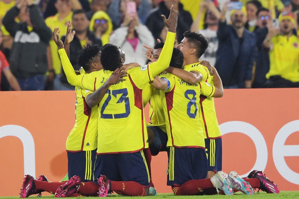 Celebración de la Selección Colombia ante Paraguay por la segunda fecha del hexagonal del Sudamericano Sub-20(Photo by DANIEL MUNOZ / AFP) (Photo by DANIEL MUNOZ/AFP via Getty Images)