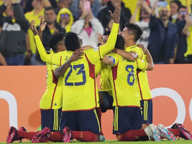 Celebración de la Selección Colombia ante Paraguay por la segunda fecha del hexagonal del Sudamericano Sub-20(Photo by DANIEL MUNOZ / AFP) (Photo by DANIEL MUNOZ/AFP via Getty Images)