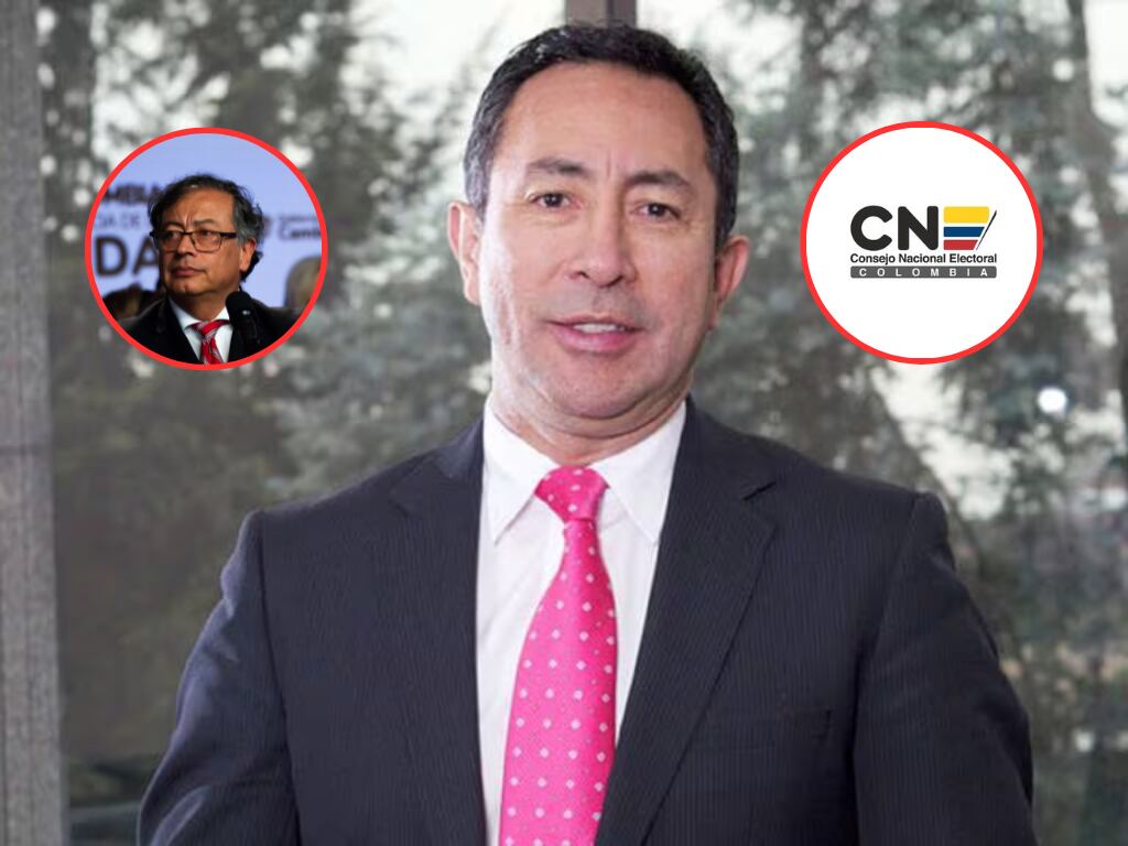 Ricardo Roa, con imágenews de fondo del CNE y el presidente Gustavo Petro (Fotos vía Getty Images, COLPRENSA y cuenta de X @CNE_Colombia)