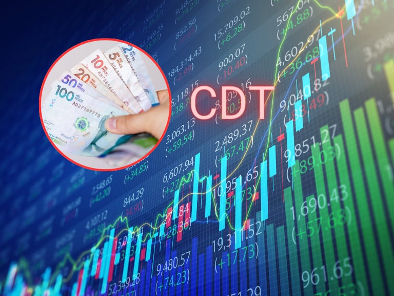 Ilustración de fluctuación de cifras con la palabra CDT y billetes colombianos de distinta denominación (Fotos vía Getty Images)