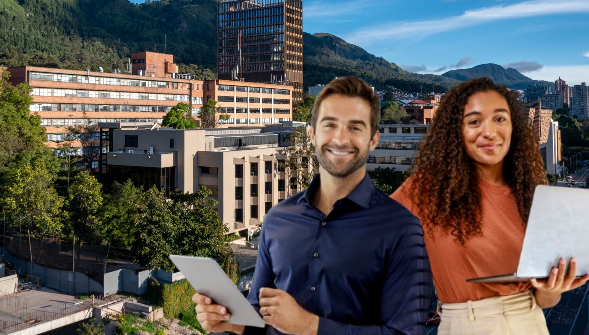 Universidad Javeriana en Bogotá e imagen de referencia de trabajadores. Fotos: Universidad Javeriana / Getty Images