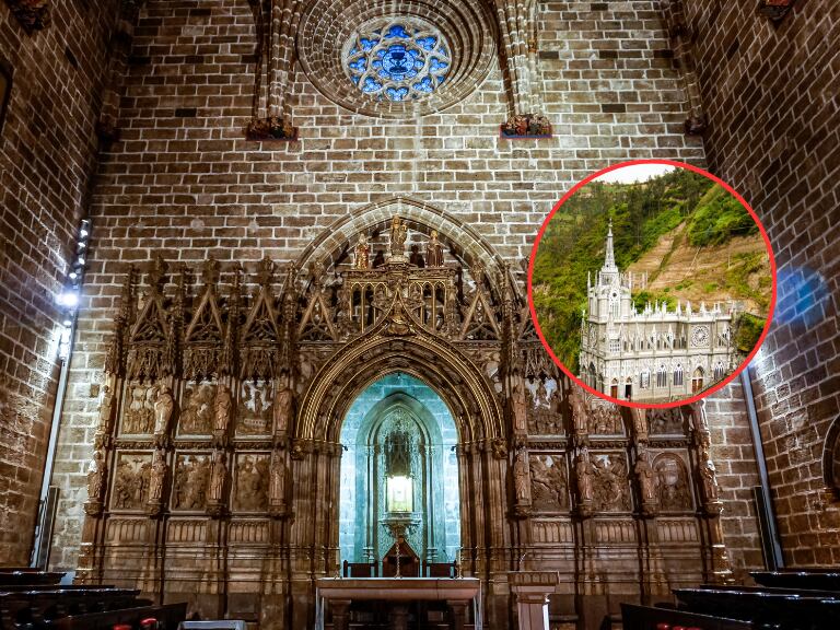 Interior de una iglesia con estilo gótico y al lado la Iglesia de las Lajas de Nariño, Colombia (Fotos vía Getty Images)