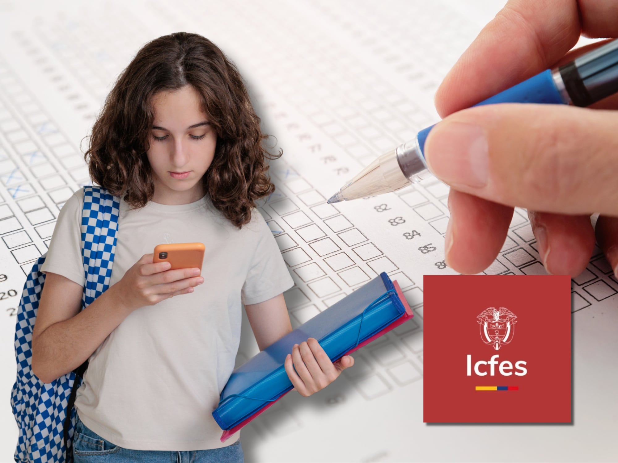 Imágenes de referencia de estudiante, examen y logo del ICFES. Fotos: Getty Images / X @ICFEScol