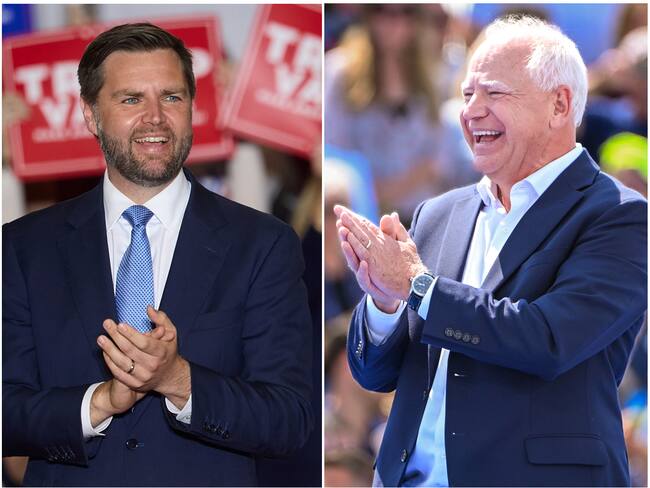 AME3826. BOGOTÁ (COLOMBIA), 30/09/2024.- Combo de fotografías de archivo del senador republicano por Ohio, JD Vance (i) y el gobernador demócrata de Minnesota, Tim Walz. Los candidatos a vicepresidente en las elecciones presidenciales de Estados Unidos, Vance y Waltz se enfrentarán este martes en su primer y posiblemente único debate. EFE/ EPA/ ALLISON DINNER/ CRAIG LASSIG/ ARCHIVO