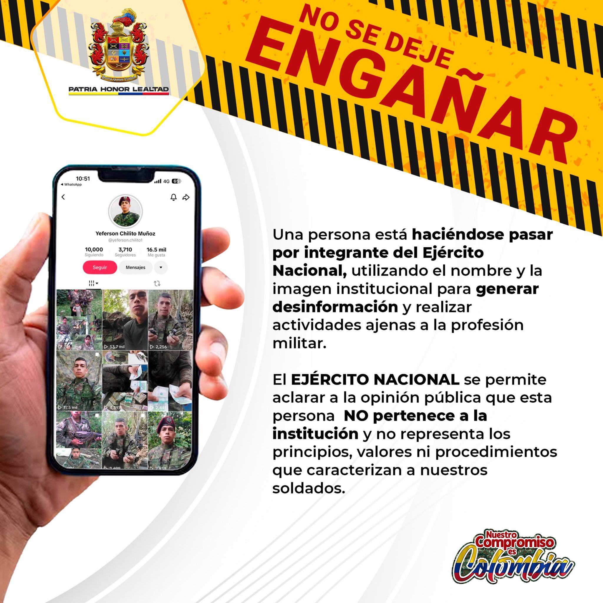 Ejercitó manifestó que hombre vestido de militar no es soldado activo. Foto: Perfil de X @COL_EJERCITO