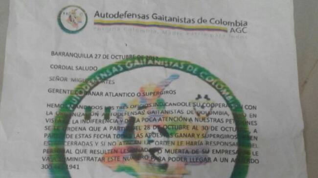 Aparece panfleto que amenaza a personal de apuestas en el Atlántico. Foto: W Radio