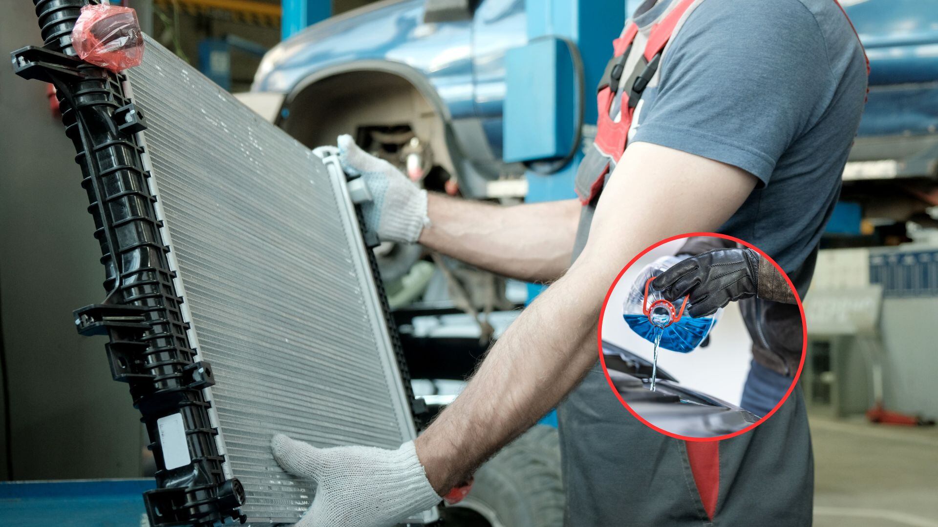 De fondo, un mecánico revisando el radiador de un carro. En el círculo la imagen de un hombre echando líquido refrigerante / Fotos: GettyImages