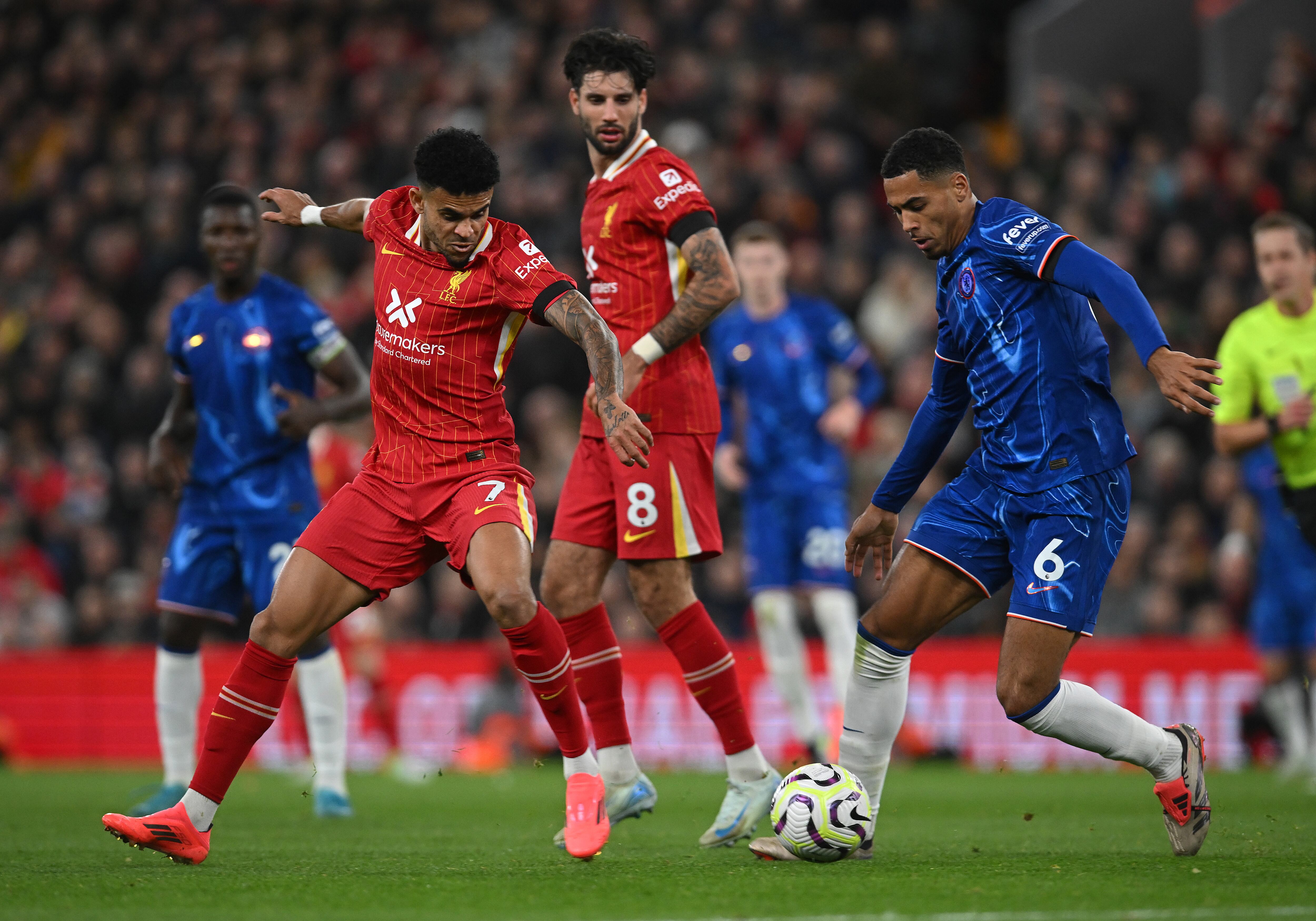 Luis Díaz durante su partido ante el Chelsea. (Photo by John Powell/Liverpool FC via Getty Images)