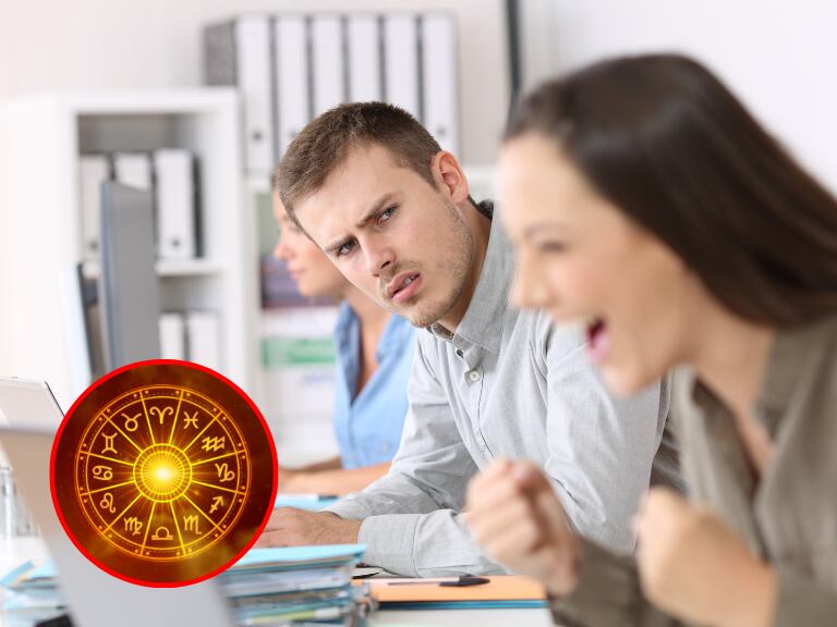 Hombre viendo de forma despectiva a una mujer que celebra; y símbolos de los signos zodiacales. (Foto: Getty Images)