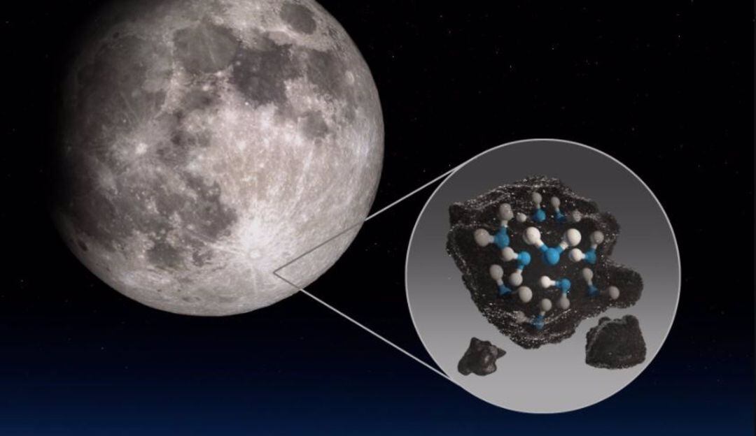 Ilustración destaca el cráter Clavius de la Luna con una ilustración que representa el agua atrapada en el suelo lunar allí.