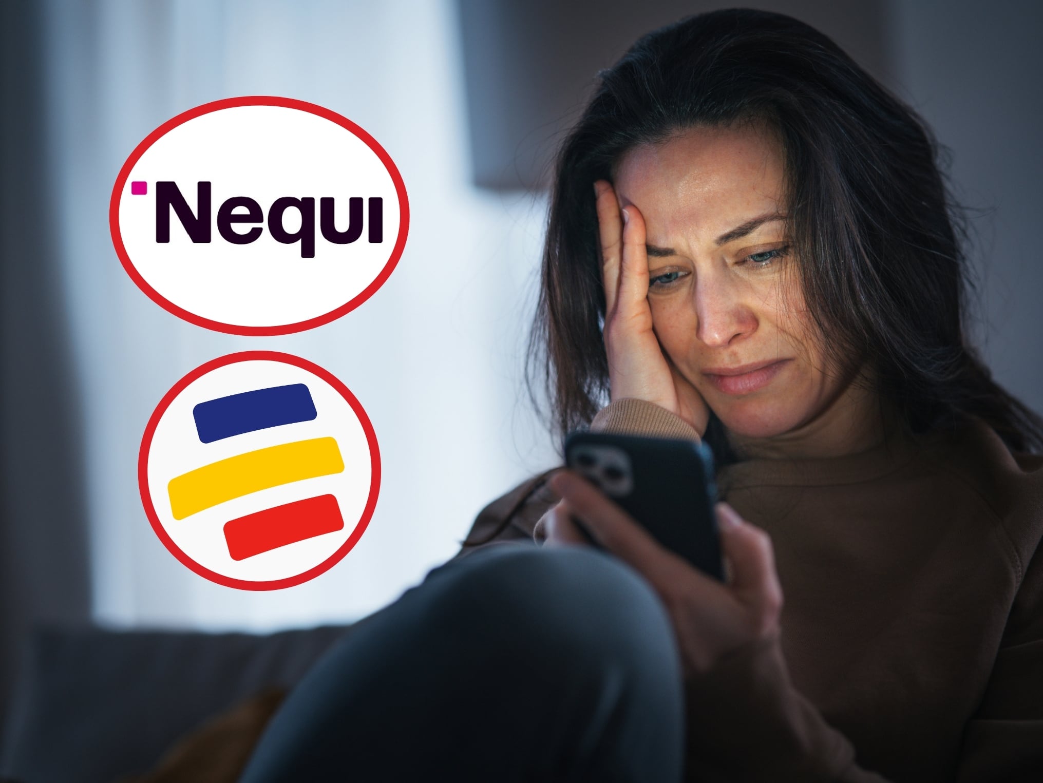 De fondo: Mujer preocupada mirando a su teléfono móvil (Crédito: Getty Images). A la izquierda se encuentran los logos de Nequi y Bancolombia.