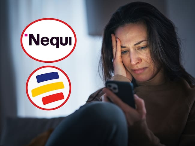 De fondo: Mujer preocupada mirando a su teléfono móvil (Crédito: Getty Images). A la izquierda se encuentran los logos de Nequi y Bancolombia.