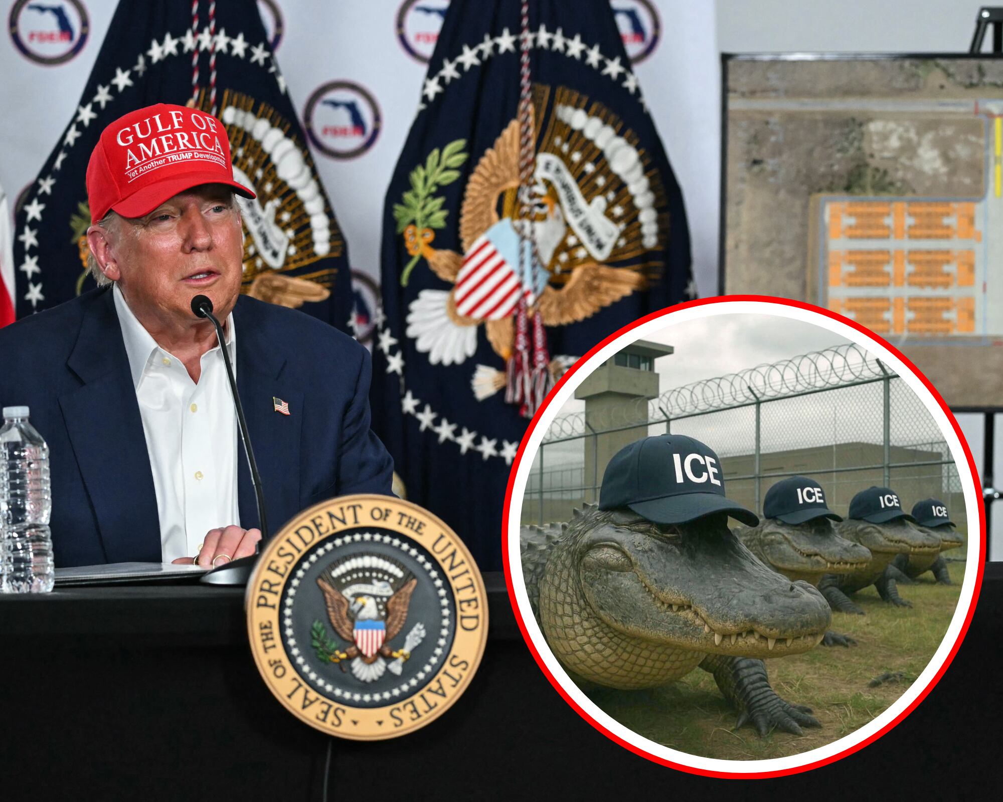 La administración Trump inauguró el nuevo centro de detención de inmigrantes, al que las autoridades estatales llaman “Alcatraz de los Caimanes” y que está ubicado en los Everglades de Florida, en un entorno conocido por su terreno peligroso y su fauna silvestre.
(Foto: Getty / Caracol Radio / Cortesía)
