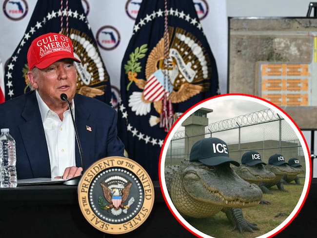 La administración Trump inauguró el nuevo centro de detención de inmigrantes, al que las autoridades estatales llaman “Alcatraz de los Caimanes” y que está ubicado en los Everglades de Florida, en un entorno conocido por su terreno peligroso y su fauna silvestre.
(Foto: Getty / Caracol Radio / Cortesía)