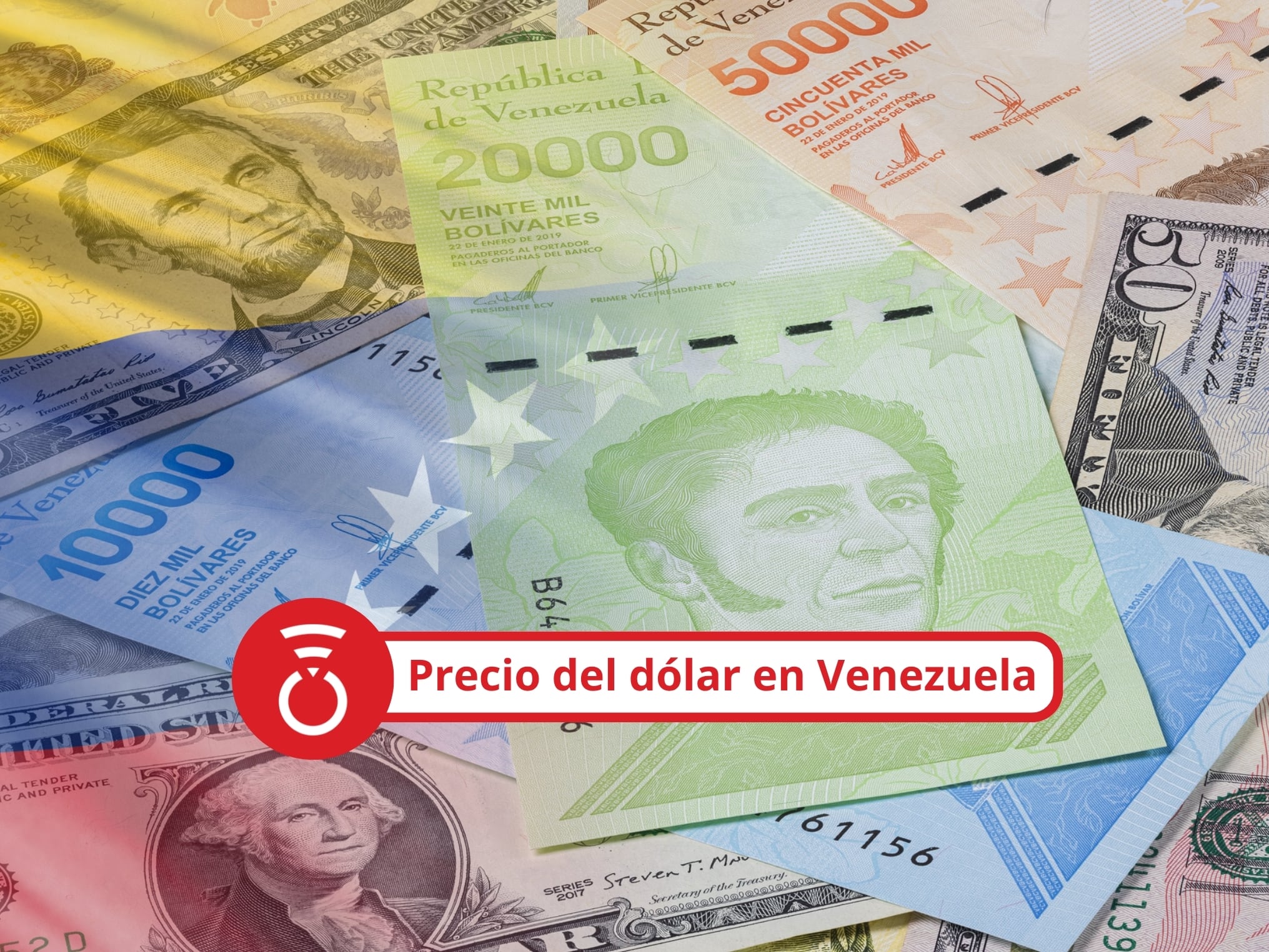 De fondo: Imagen de referencia de bolívares venezolanos juntados con varios dólares estadounidenses. Sobre esta, una imagen traslúcida de la bandera de Venezuela (Crédito: Getty Images)