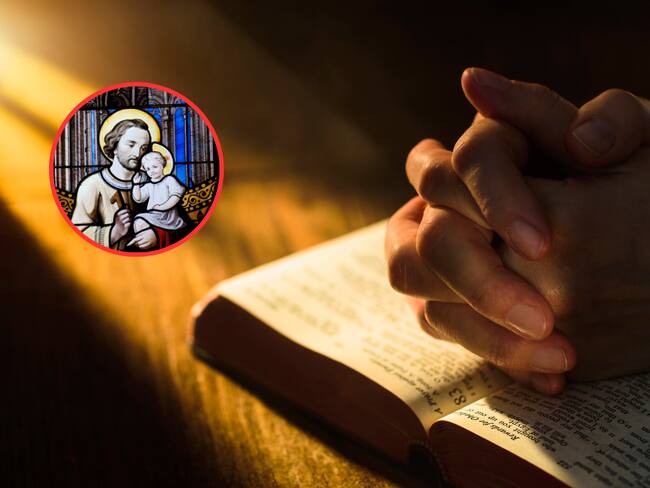 Persona orando con una biblia y de fondo una ilustración alusiva a San José y el niño Jesús (Fotos vía Getty Images)