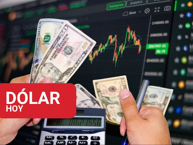 Persona sonteniendo billetes de dólares estadounidenses, haciendo cuentas en la calculadora y de fondo una gráfica de cifras y valores fluctuantes al fondo (Fotos vía Getty Images)