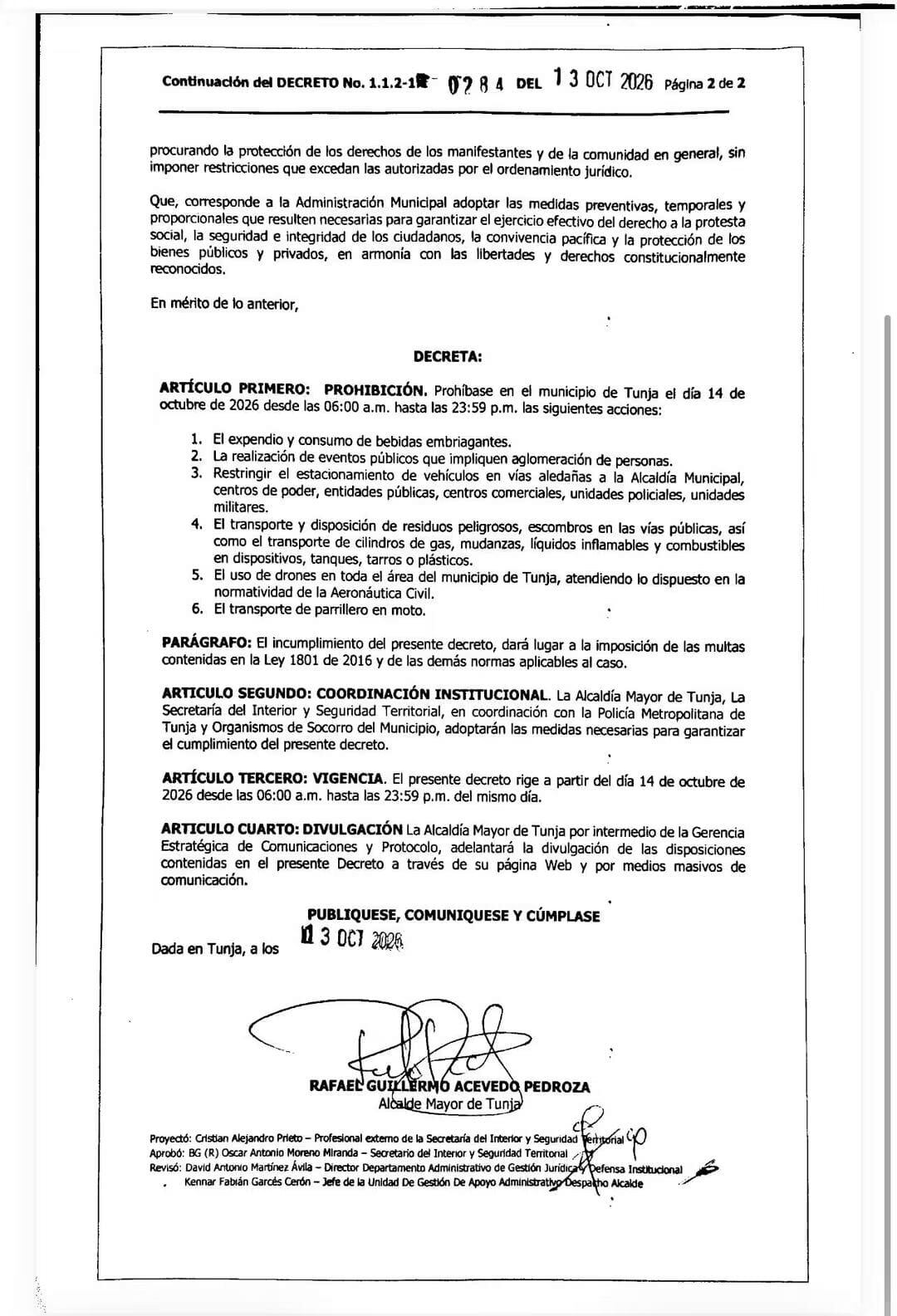 Decreto Ley Seca en Tunja para este 14 de octubre de 2026.
