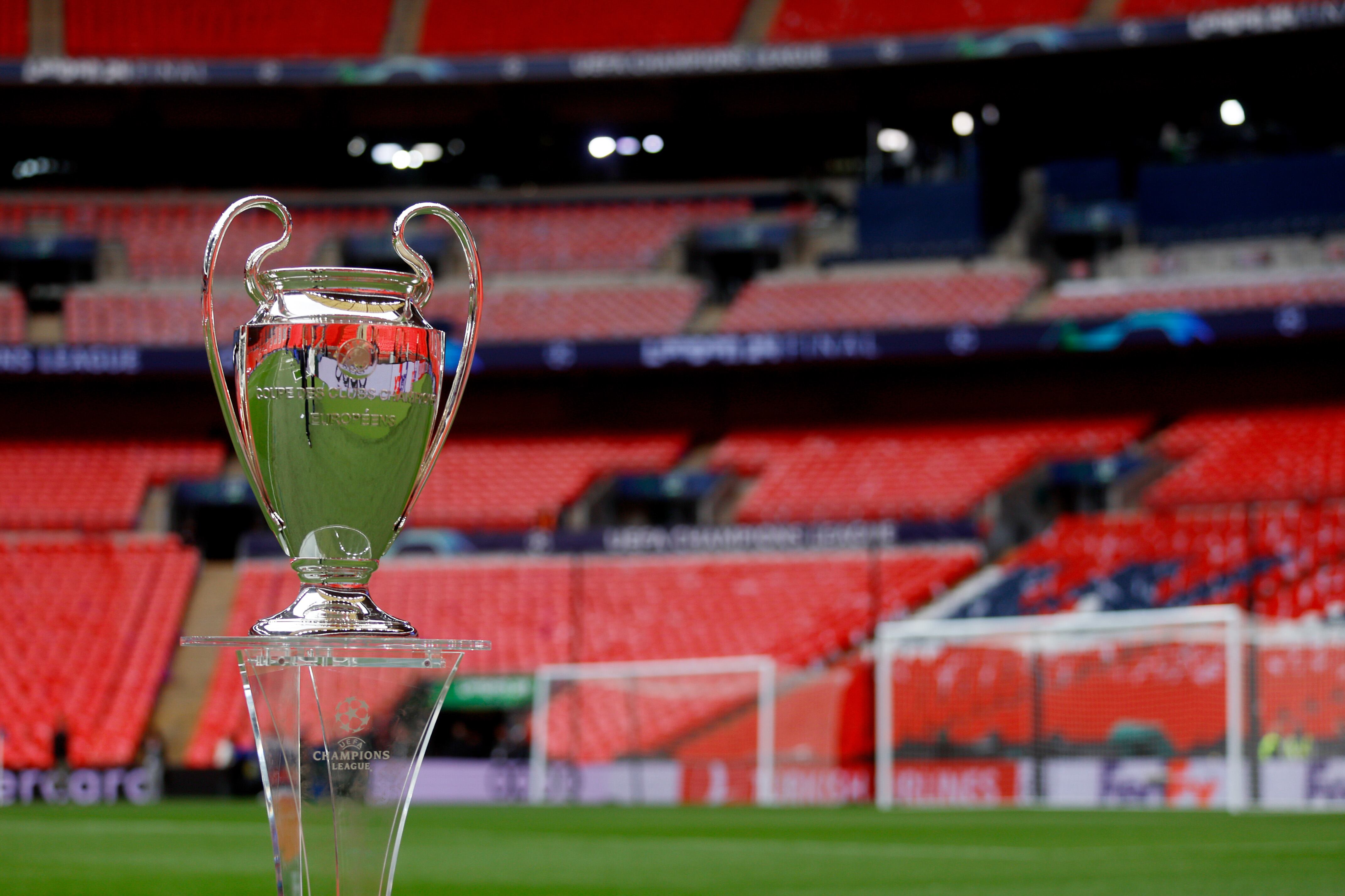 LONDON, UNITED KINGDOM - MAY 31: The Champions League trophy displayed injury the Wembley stadium prior to the training of Real Madrid  during the   Press Conference and training Real Madrid at the Wembley Stadium on May 31, 2024 in London United Kingdom (Photo by Damjan Zibert/Soccrates/Getty Images)