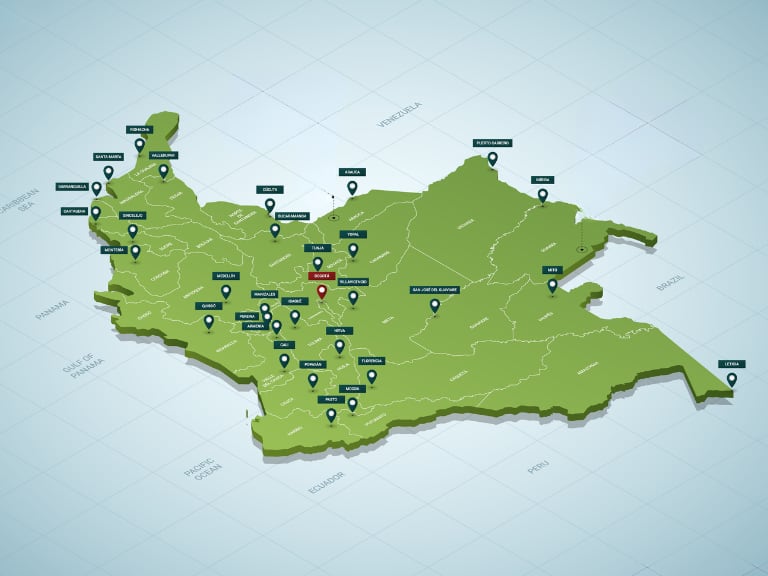 Mapa estilizado de Colombia. Mapa verde 3D isométrico con ciudades, fronteras, capital Bogotá, Cundinamarca y demás departamentos. Ilustración vectorial. Capas editables claramente etiquetadas. Idioma inglés. - Ilustración de stock (Getty Images)