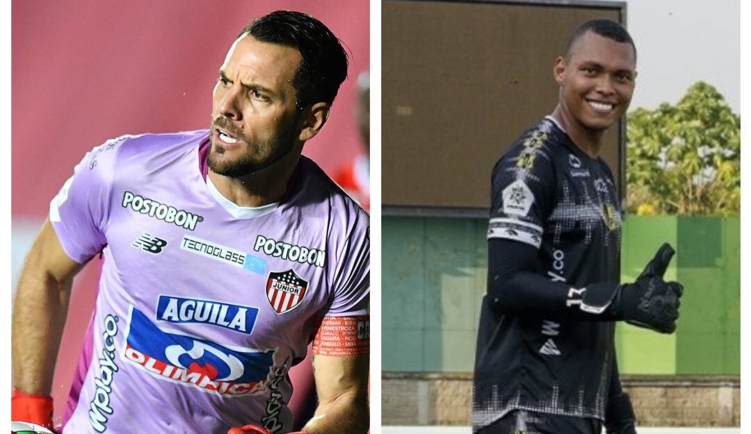 Sebastián Viera portero del Junior y Juan Serrano portero de Alianza Petrolera.