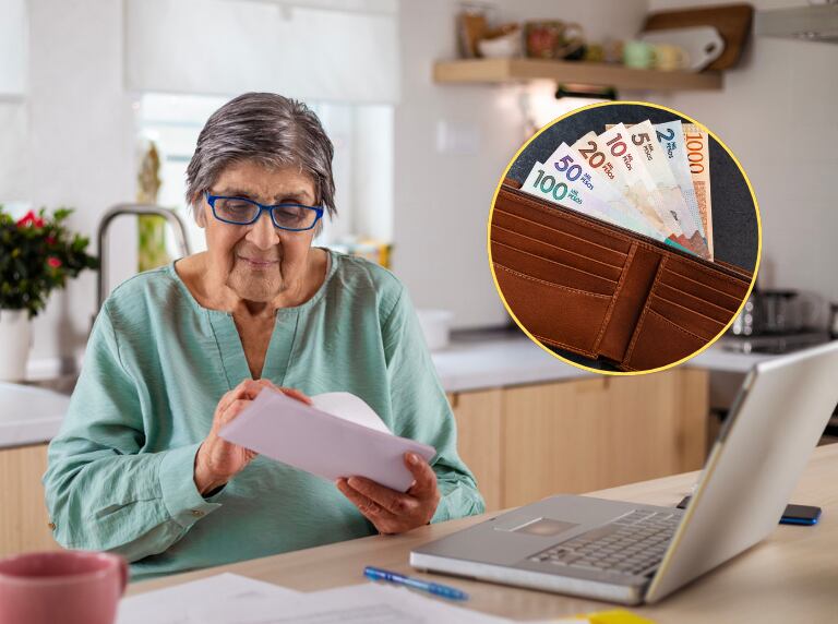 Mujer mayor revisando papeles en su comedor / Cartera con billetes colombianos de diferentes montos (Getty Images)