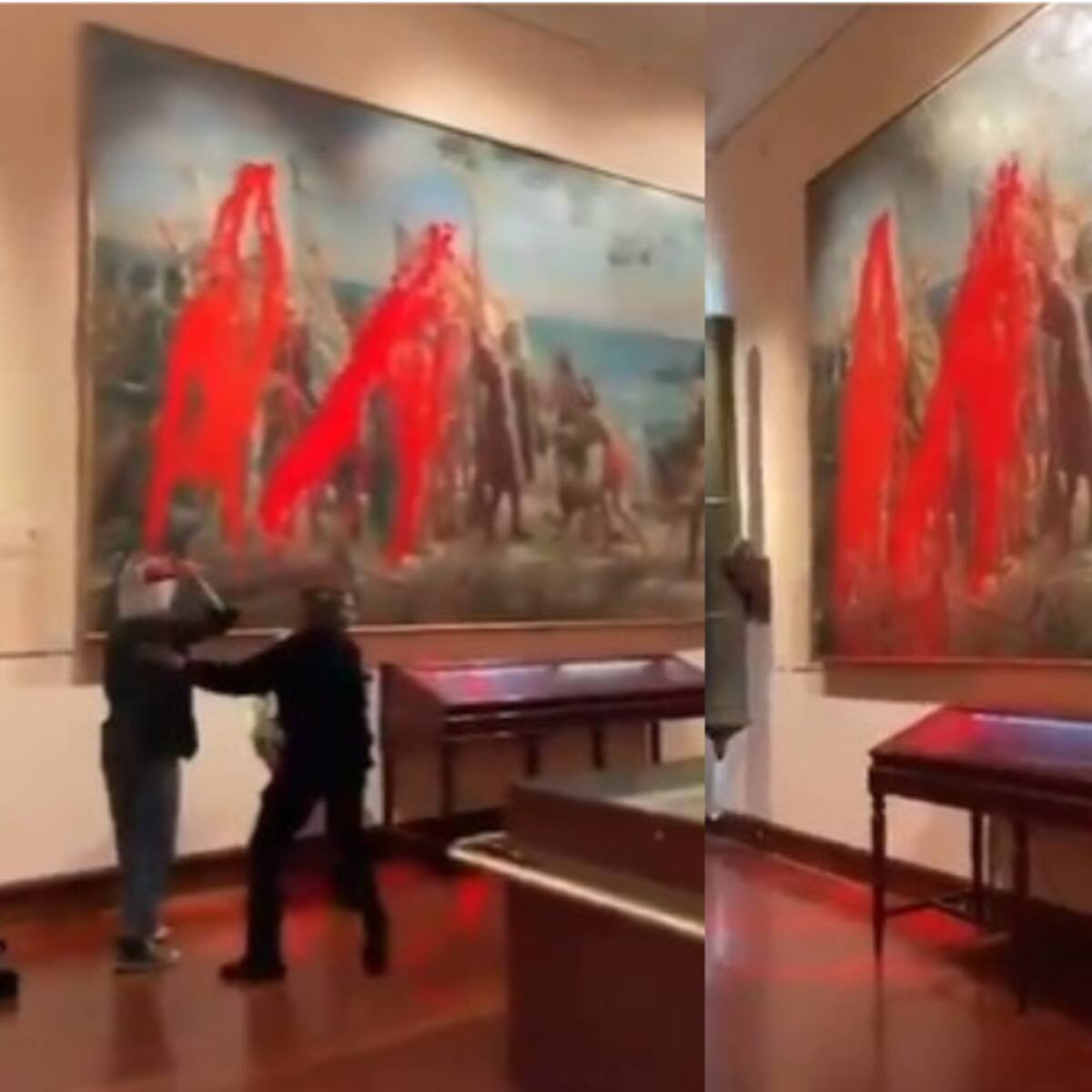 Activistas dañan pintura de Cristobal Colón como protesta por la Fiesta Nacional de España