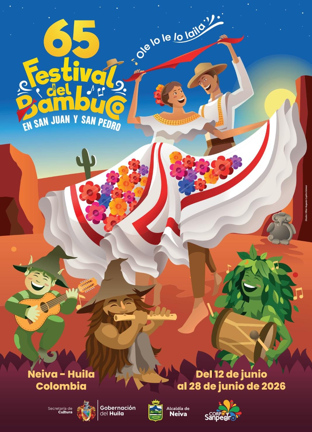 Afiche oficial de la versión 65 del Festival del Bambuco en San Juan y San Pedro, obra del diseñador huilense Yilber Augusto Cupitra, que exalta la tradición, el sanjuanero y la identidad cultural del Huila.