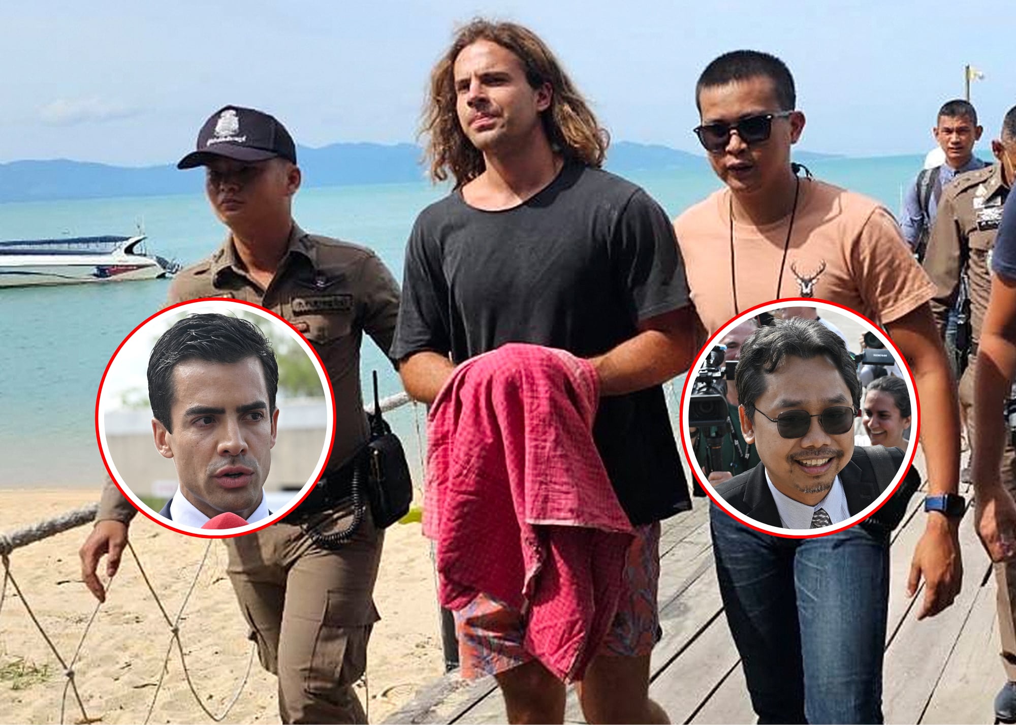 Daniel Sancho durante su traslado a prisión. En el círculo izquierdo el abogado de la familia Arrieta en España, Juan Gonzalo Ospina, y en el círculo derecho, el abogado de la familia Sancho en Tailandia,  Apichart Srinual. 
(Foto:     Getty / Caracol Radio )