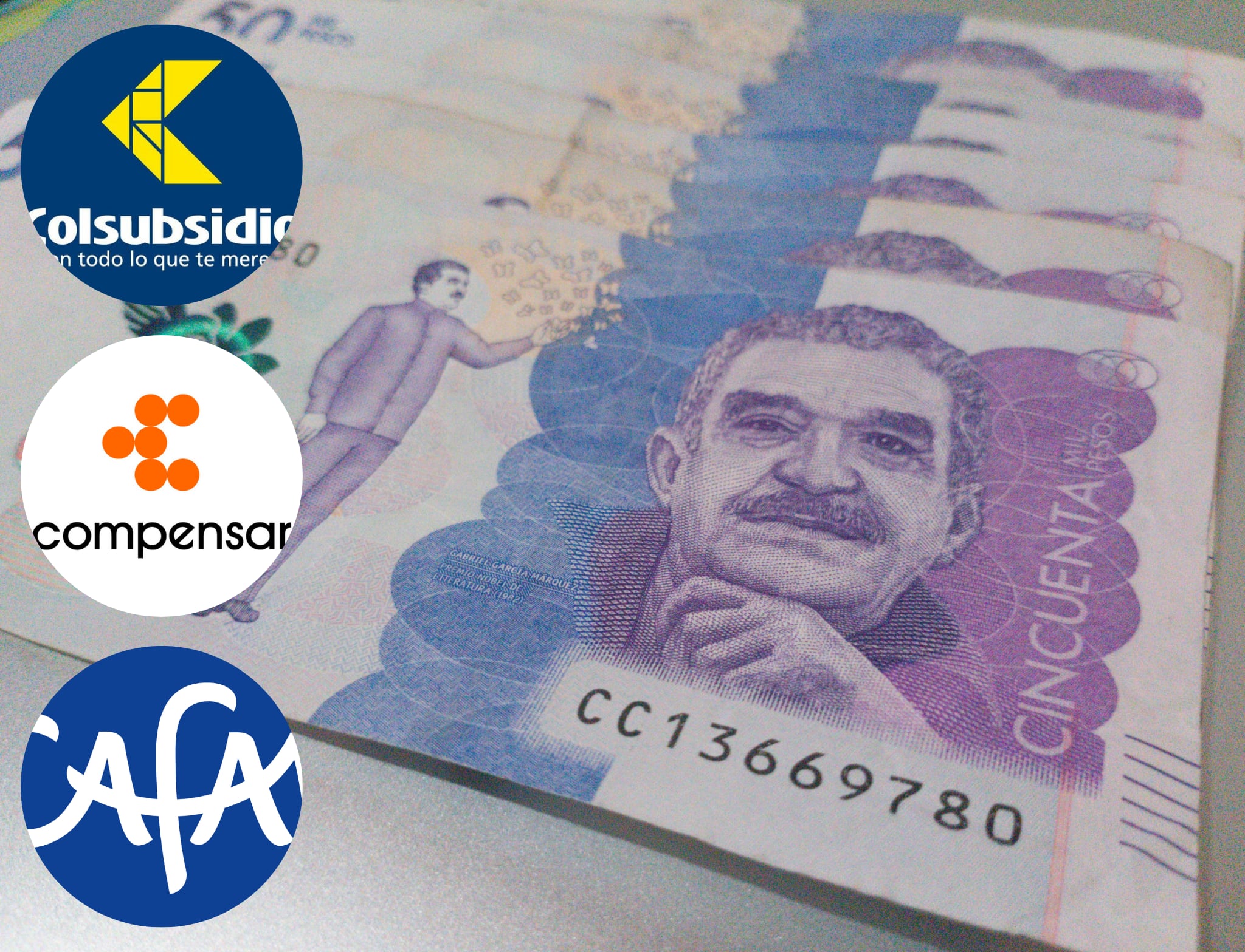 Pesos colombianos en efectivo junto a logos de cajas de compensación - Imagen de referencia