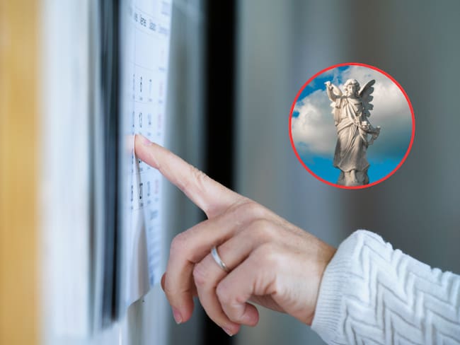 Persona revisando un día en el calendario y al lado un monumento alusivo a un ángel (Fotos vía Getty Images)