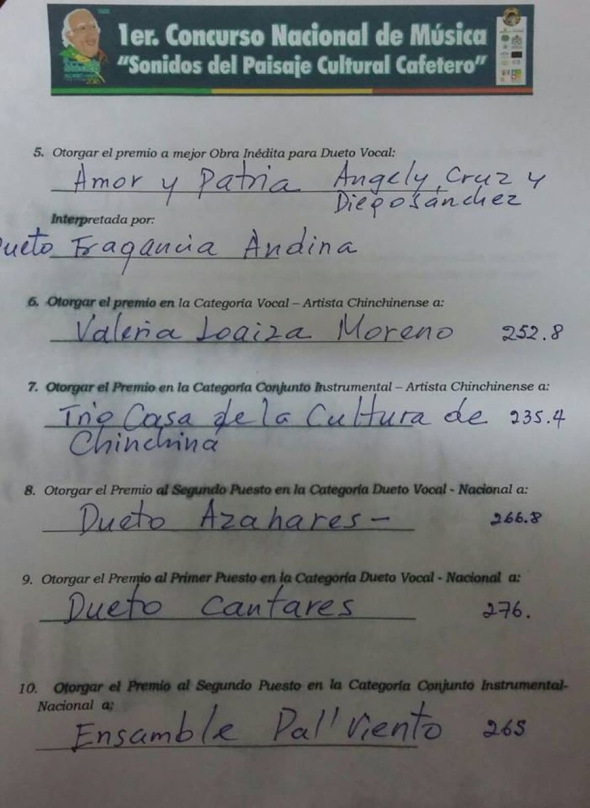 Cuadro de honor de los ganadores en Chinchiná, Caldas
