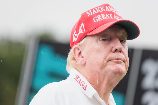Bedminster (United States), 10/08/2023.- Former US President Donald J. Trump participates in a Pro-Am tournament leading up to the upcoming LIVGolf tournament at Trump National Golf Club Bedminster in Bedminster, New Jersey, USA, 10 August 2023. Trump on 10 August virtually pleaded not guilty to additional criminal charges in the case against him for allegedly illegally keeping secret national security documents after leaving office. EFE/EPA/JUSTIN LANE