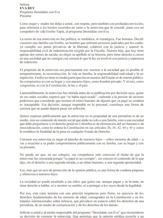 Carta congresista a Eva Rey