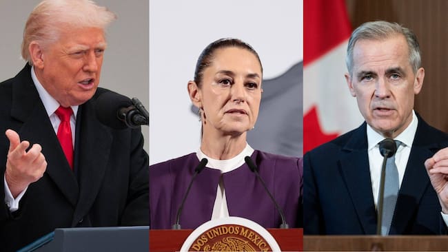 El presidente de Estados Unidos, Donald Trump, de México, Claudia Sheinbaum, y el primer ministro de Canadá, Mark Carney. FOTOS: Getty Images