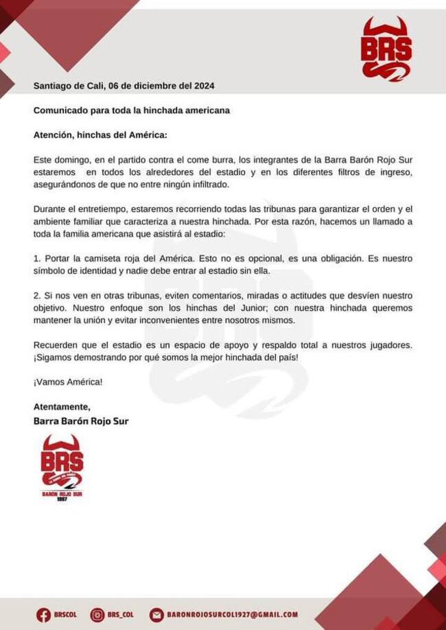 Comunicado barra del América de Cali