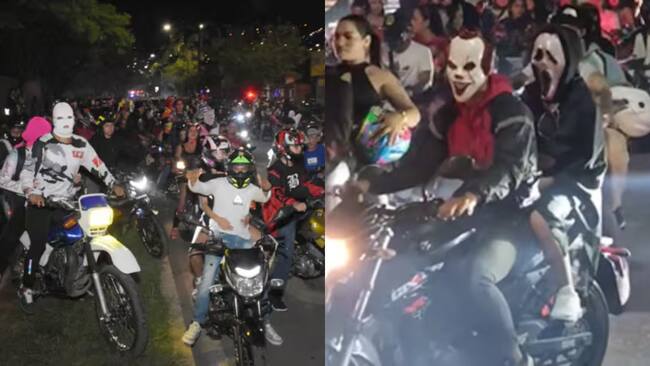 Caravana de motociclistas en Halloween (imágenes de archivo)