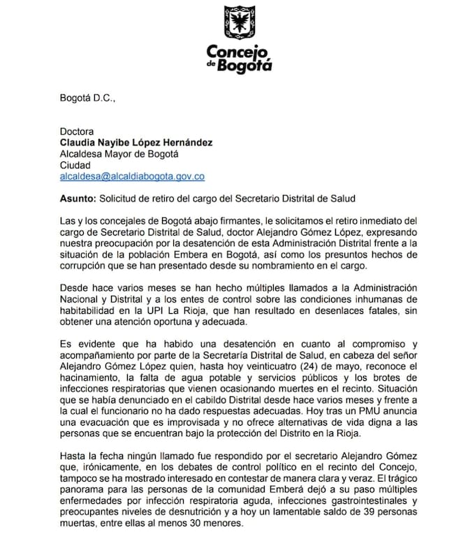 Carta de 12 concejales de Bogotá exigiendo la renuncia del secretario de Salud, Alejandro Gómez.