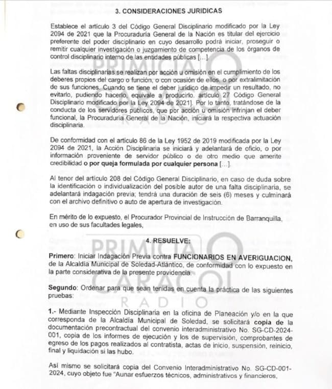 Auto de la Procuraduría por indagación a contratación de obras en Soledad